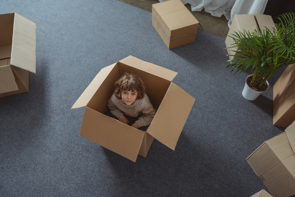 vista de ángulo alto de niño pequeño sentado en la caja y mirando a la cámara durante la reubicación
 - Foto, Imagen