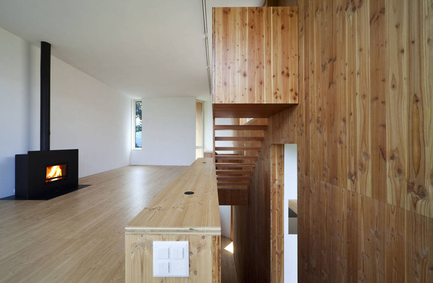 Intérieur en bois moderne avec cheminée minimaliste
 - Photo, image