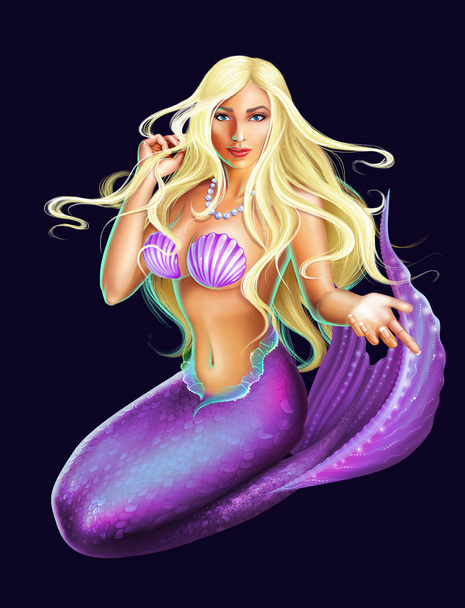 Sexy blonde mermaid  isolated  on black background  . Detailed raster illustration of underwater nymph with violet tail and seashells on the chest. Beautiful seamaid  with an outstretched hand and blue eyes. Character Undine  - Foto, Imagem