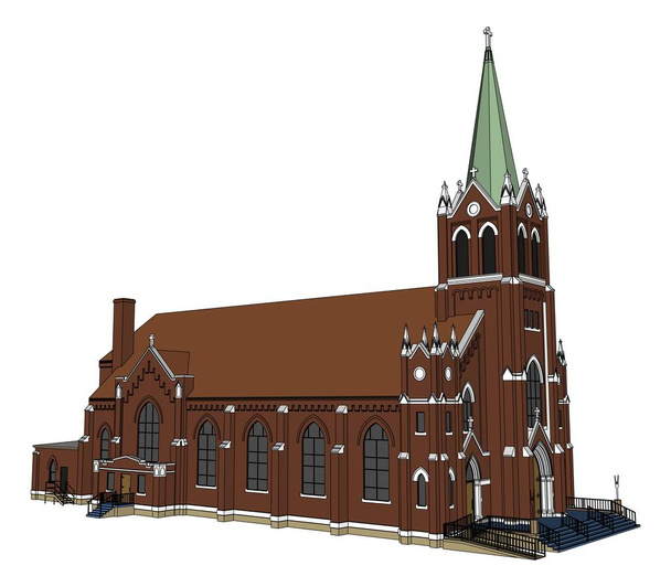 Het gebouw van de katholieke kerk, uitzicht vanuit verschillende kanten. Drie-dimensionale afbeelding op een witte achtergrond. - Vector, afbeelding