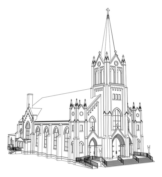 Der Bau der katholischen Kirche, Ansichten von verschiedenen Seiten. dreidimensionale Darstellung auf weißem Hintergrund. - Vektor, Bild