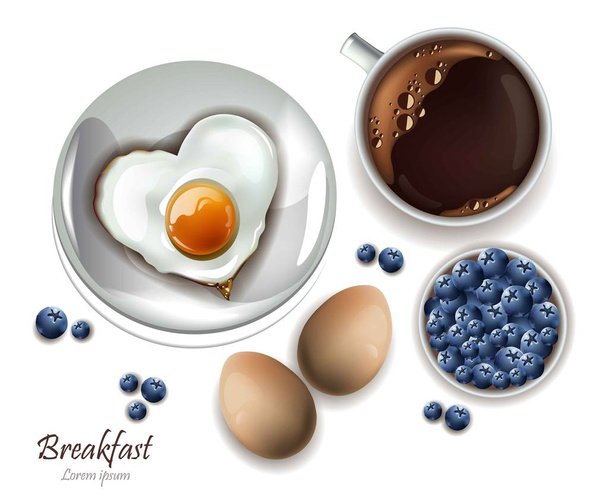 Cup of tea and eggs breakfast. Vector realistic Layout menu, page, cooking books - Vektor, kép