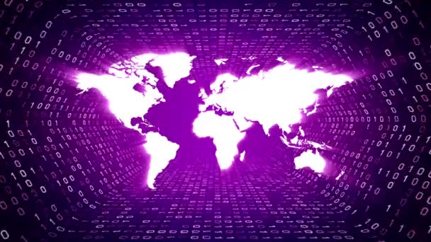 白い世界地図シルエット ホワイト フォーム バイナリ トンネル紫色の背景に。シームレスなループ。複数のアイコンと私のポートフォリオで利用可能な色のオプション. - 映像、動画