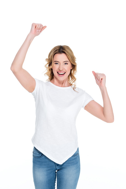 retrato de mulher excitada em camisa branca isolada em branco
 - Foto, Imagem