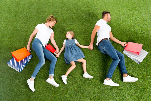 vue aérienne de la famille souriante avec des sacs à provisions tenant la main sur l'herbe verte
 - Photo, image
