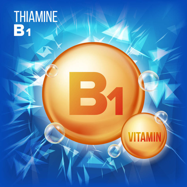 Vitamina B1 Vector de tiamina. Icono de la píldora de aceite de oro vitamina. Icono de la píldora de oro de vitamina orgánica. Para el diseño de anuncios promocionales de belleza, cosméticos y salud. Complejo de vitaminas 3D con fórmula química. Ilustración
 - Vector, Imagen