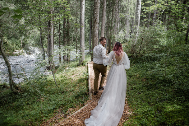 アルプスの山道を歩いて美しい若い結婚式のカップルの背面図 - 写真・画像