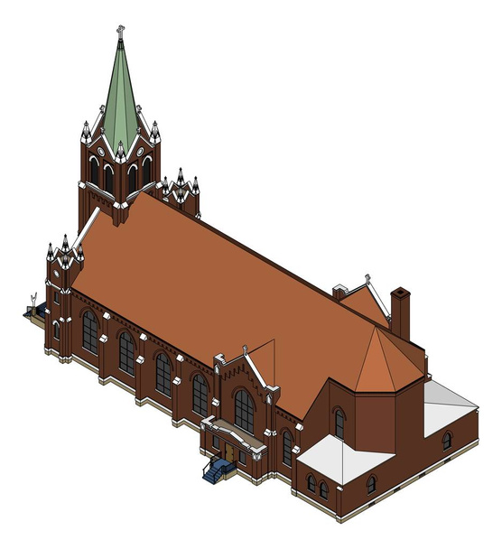 Будівля католицької церкви, вид з різних боків. Тривимірна ілюстрації на білому фоні. - Вектор, зображення