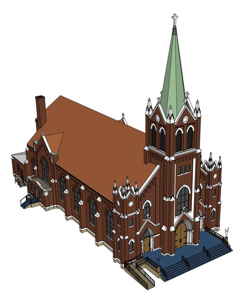 Будівля католицької церкви, вид з різних боків. Тривимірна ілюстрації на білому фоні. - Вектор, зображення