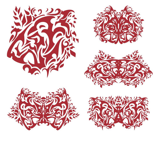 Tête de tigre rouge et les symboles de celui-ci. Tête de tigre abstraite flamboyante en forme d'aile de papillon avec des éléments floraux et les papillons formés à partir d'elle
 - Vecteur, image