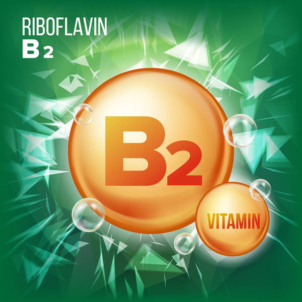 Vitamin B2 Riboflavin Vector. Vitamin Gold Oil Pill Icon. Vitamin Gold Pill Icon. Medicine Capsule. For Beauty, Cosmetic, Heath Promo Ads Design. 3D Vitamin Complex With Chemical Formula. Illustration - Vector, Image