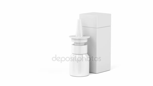 Frasco de aerosol nasal en blanco y caja de plástico sobre fondo blanco
 - Metraje, vídeo