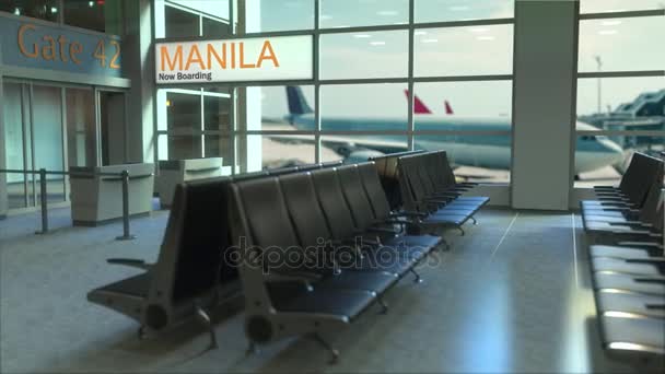 Manila vlucht aan boord van nu in de terminal van de luchthaven. Reizen naar Filippijnen conceptuele intro animatie, 3D-rendering - Video