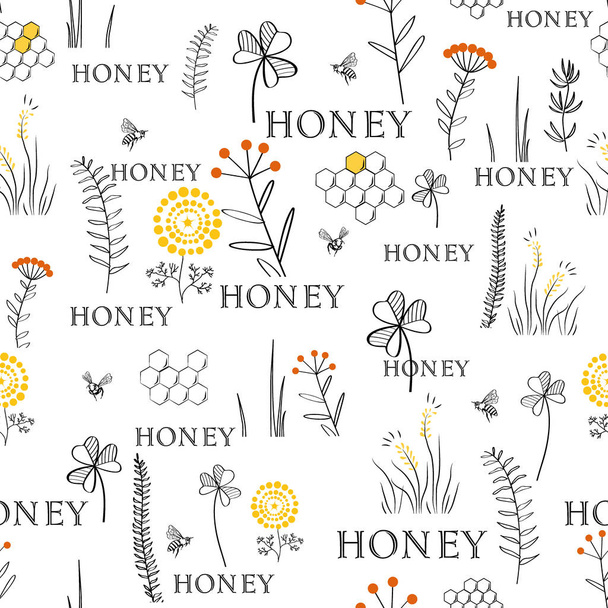 Απρόσκοπτη διάνυσμα μοτίβο με τις μέλισσες και τα λουλούδια. Χέρι εκλεκτής ποιότητας γραφικών doodle σχέδιο. Σκίτσο μοτίβο για εκτύπωση σε ύφασμα. Εικονογράφηση διάνυσμα. - Διάνυσμα, εικόνα