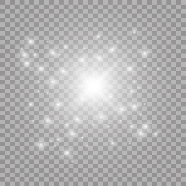 Biały opalizujący efekt świetlny star design. Błyszczący promienie przejrzysty wektor tle. Jasny przezroczysty rozjarzony musujące star - Wektor, obraz
