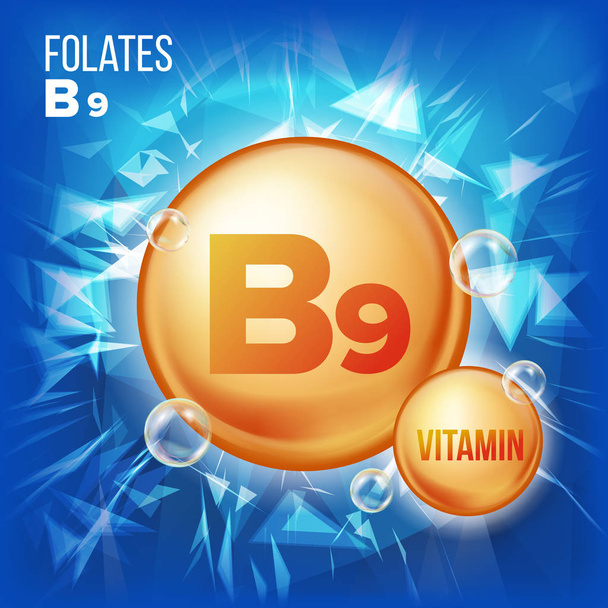 Vitamin B9 Folates Vector. Vitamin Gold Oil Pill Icon. Medicine Capsule, Golden Substance. For Beauty, Cosmetic, Heath Promo Ads Design. 3D Vitamin Complex With Chemical Formula. Illustration - Vector, Image