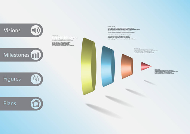 3D Illustration Infografik Vorlage mit Kegel vertikal in vier Teile unterteilt - Vektor, Bild