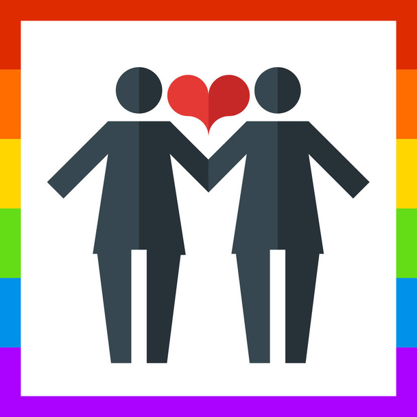 Pictogramas de mujeres lesbianas cogidas de la mano sobre un fondo de bandera lgbt y corazones
.  - Vector, Imagen