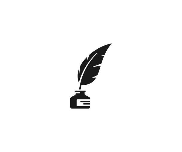 Inkwell and feather pen logo template. Ink bottle and quill pen vector design. Writer illustration - Vector, Image