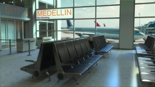 Vuelo Medellín abordando ahora en la terminal del aeropuerto. Viajar a Colombia intro-animación conceptual, renderización 3D
 - Metraje, vídeo