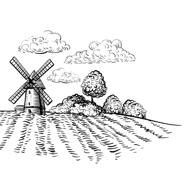 Moinho de vento no campo agrícola em árvores de fundo e paisagem rural desenhado à mão ilustração estilo esboço. Imagem vetorial paisagem rural preto e branco
 - Vetor, Imagem