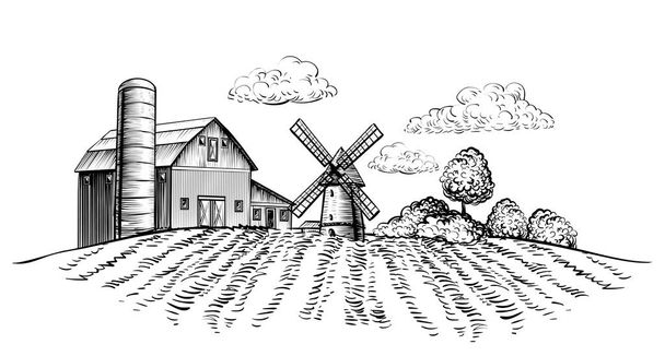 Bauernscheune und Windmühle auf landwirtschaftlichem Feld auf ländlicher Landschaft handgezeichnete Skizze Stil horizontale Illustration. Schwarz-weiß ländliche Vektordarstellung - Vektor, Bild