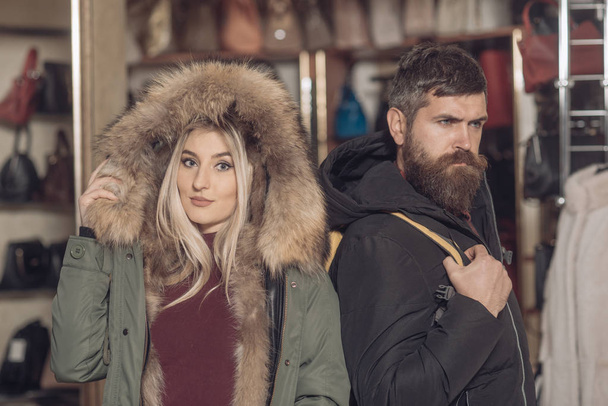 young beautiful hipster couple, winter vacation traveling, man woman in love, romance, warm clothes, jacket - Foto, Imagem