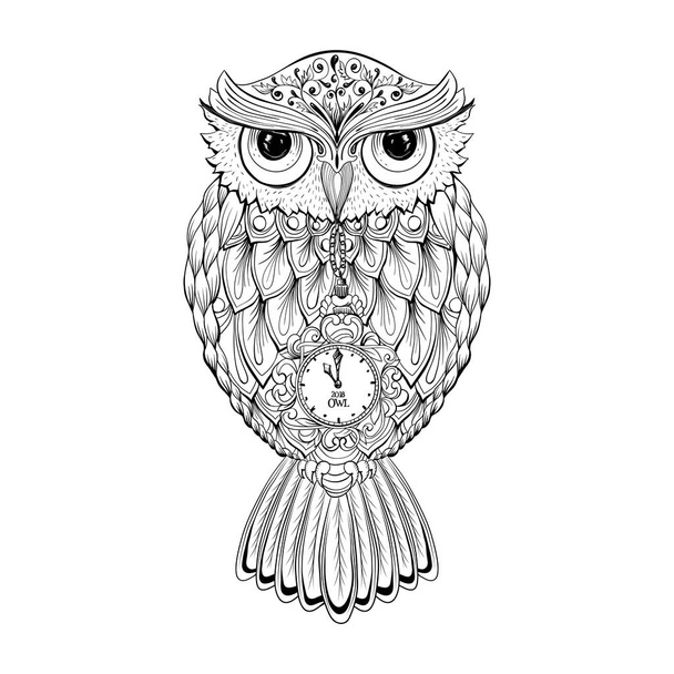 Owl bird isolated with clock face on stomach on white background vector image. Wild night owl bird hand drawn vector illustration - Vektor, kép