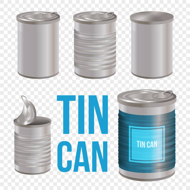 TINcan, konserwy realistyczne wektor pakiet makieta, izolowana na białym tle. Metalowa puszka puste szablony dla marki. Otwarte i zamknięte - Wektor, obraz