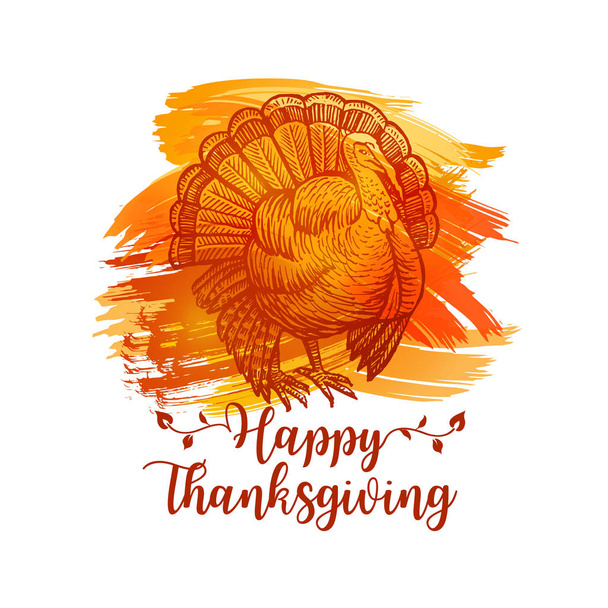 Happy Thanksgiving Turkey. Turkey handdrawn sign isolated on white for Thanksgiving holiday design. Vector vintage illustration with yellow splashes - Vector, Image