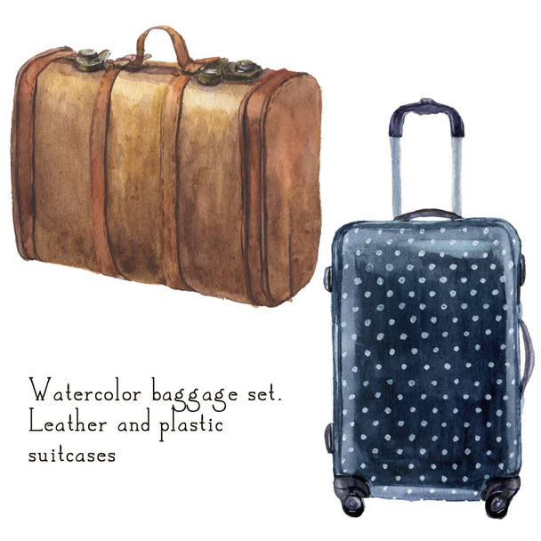 Watercolor baggage set including leather vintage suitcase and polka dot suitcase. Hand painted illustration isolated on white background. For design, textile and background. - Photo, Image