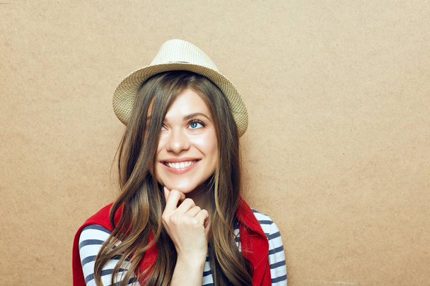 portrait of dreaming woman wearing hipster hat  - Фото, изображение