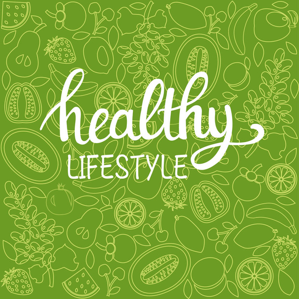 background healthy food poster or banner with hand drawn fruits  - ベクター画像