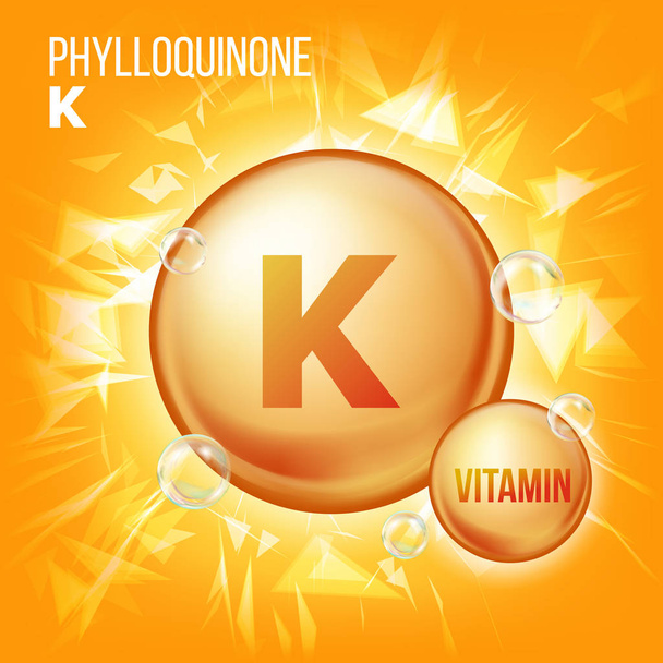 K vitamini Phylloquinone vektör. Vitamini altın petrol hap simgesi. Organik Vitamin altın hap simgesi. Güzellik, kozmetik, Heath Promo reklam tasarım için. 3D vitamin kompleksi ile kimyasal formülü. İllüstrasyon - Vektör, Görsel