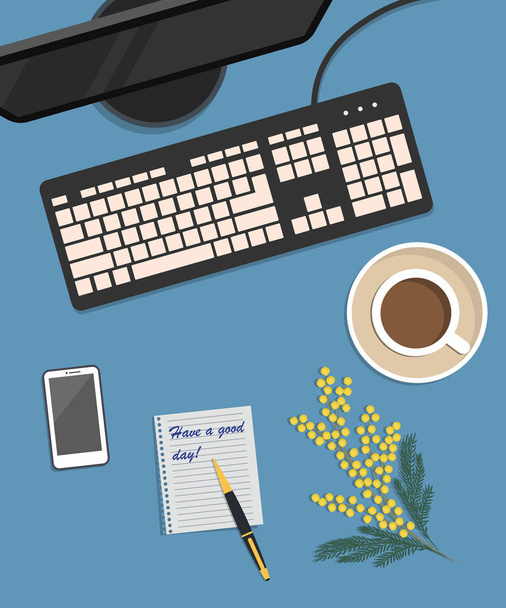 Vista superior de un fondo de escritorio. Hay un monitor y un teclado sobre un fondo azul. También hay una taza de café, y flores mimosas aquí. Hay una nota con el deseo "¡Que tengas un buen día!". Vector
 - Vector, Imagen