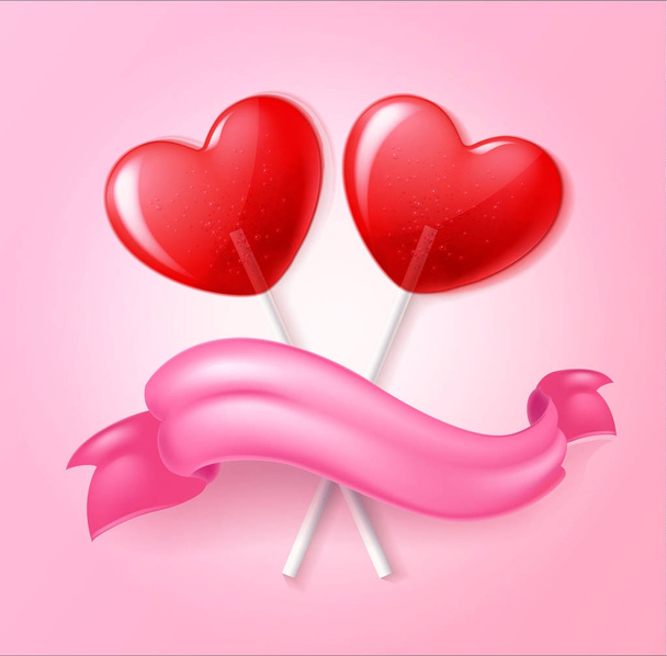 Vector heart lollipop candy 3d valentine day sweet - Вектор,изображение
