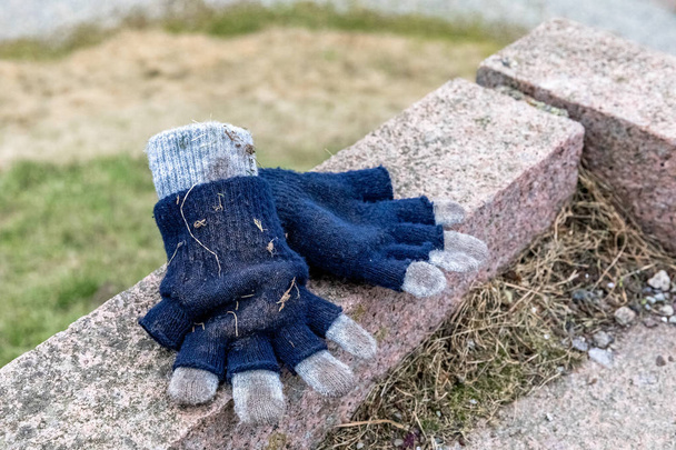 vergessene blaue und graue Kinderhandschuhe liegen auf einem Stein in einem Park - Foto, Bild