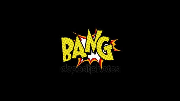 Comic strip speech bubble cartoon animation, with the words bang. Yellow text, white shape, Alpha channel - Кадры, видео