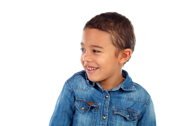 cute happy little African boy in denim shirt isolated on white background - Photo, Image