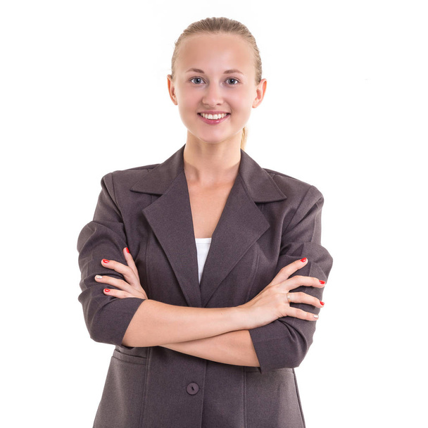 Beautiful young caucasian businesswoman in grey suit with hand g - Valokuva, kuva