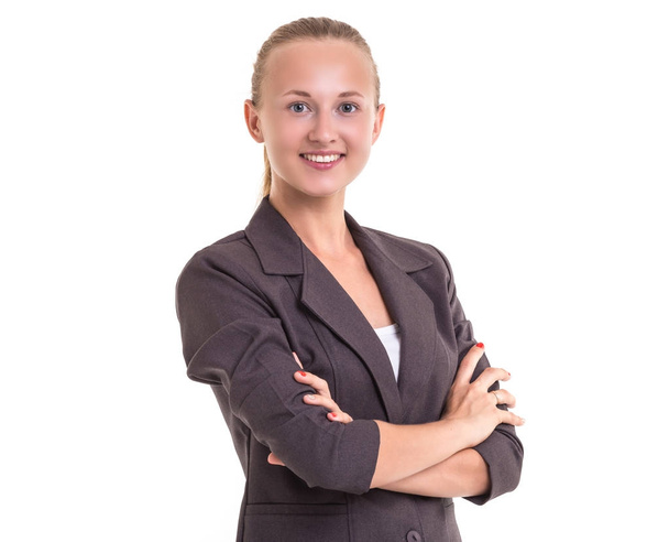 Bonita jovem mulher de negócios caucasiana em terno cinza com mão g
 - Foto, Imagem