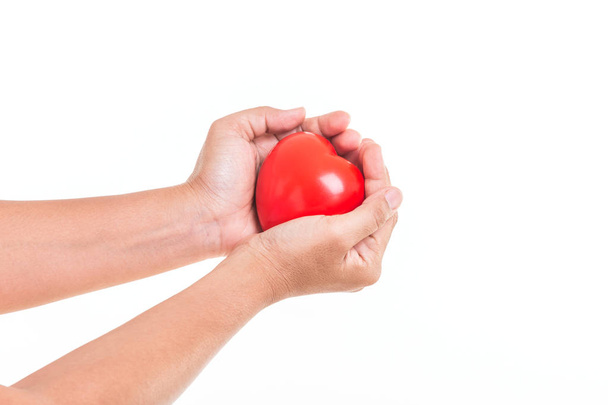 Concept de coeur d'amour : Main de femme tenant coeur rouge isolé sur
 - Photo, image