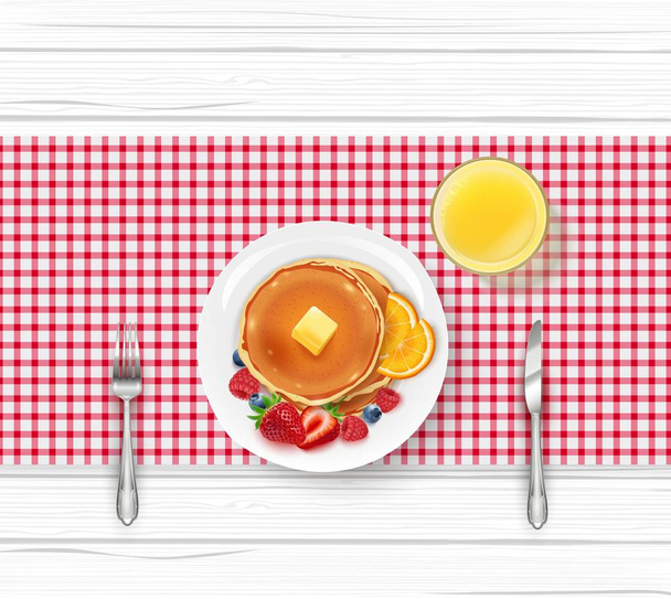 Vector illustration of Breakfast food menu with pancakes, berries and orange juice on wooden table - Vektor, Bild
