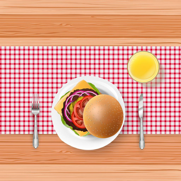 Vector illustration of Fast food with fork and knife on wooden table - Vector, Image