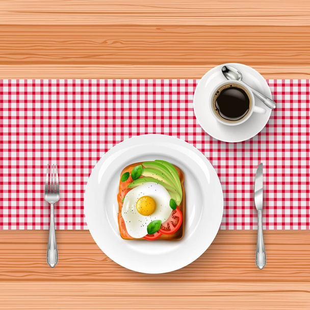 Vectorillustratie van ontbijtmenu met gebakken ei, toast en kopje zwarte koffie op houten tafel - Vector, afbeelding
