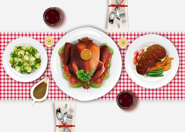 七面鳥のローストと白の木製テーブルにサラダの調理肉のステーキのベクトル イラスト - ベクター画像