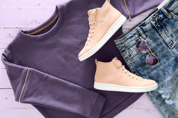 Dámské oděvy, módní doplňky, obuv (fialová mikina, kyselé  - Fotografie, Obrázek