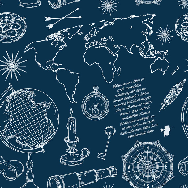 nahtloses Muster mit Globus, Kompass, Weltkarte und Windrose. Vintage-Science-Objekte im Steampunk-Stil. Vektorillustration - Vektor, Bild