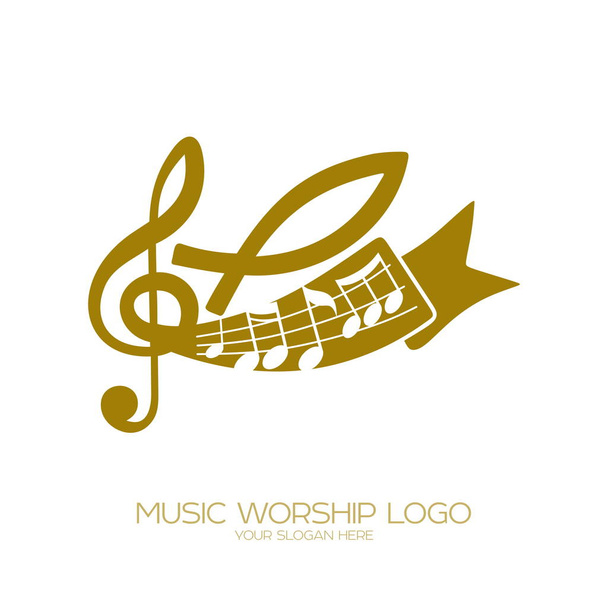Music logo. Christian symbols. Notes, a treble clef and a fish - a symbol of Jesus - Vector, Image