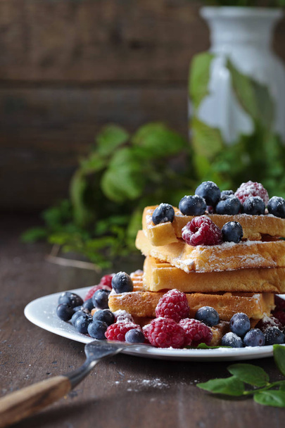 Waffles with raspberry and blueberry  - Photo, Image